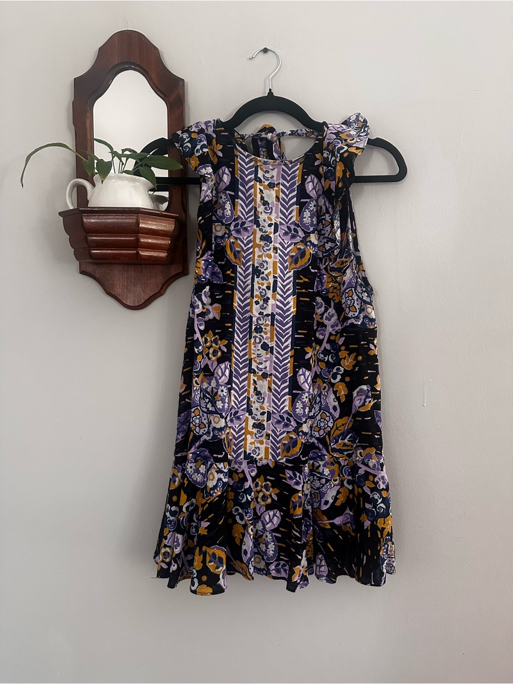 Free People Black Floral Shift Dress with Purple and Mustard Print
